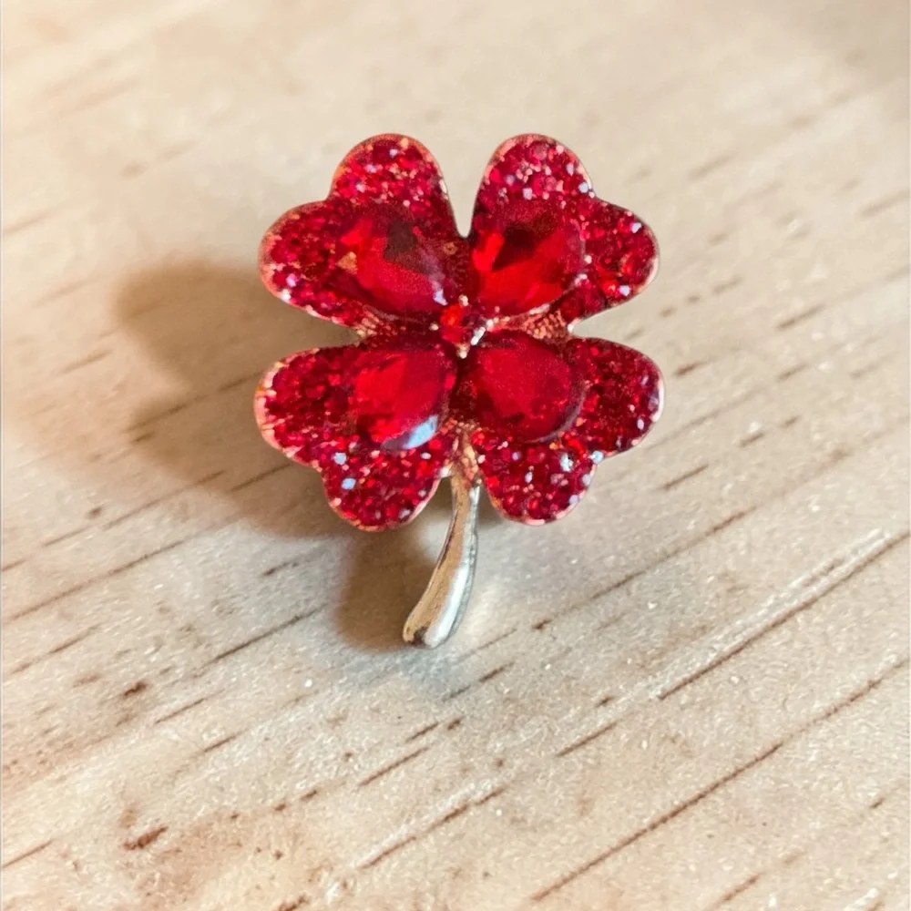 Mint Red Crystal Four-Leaf‎ Clover Brooch